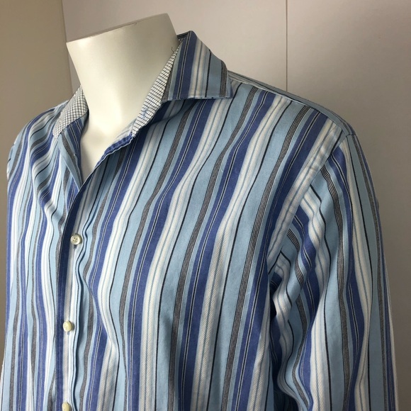 Thomas Dean Men's Blue Striped Button Down Dress Shirt Medium 100% Cotton - Picture 4 of 10